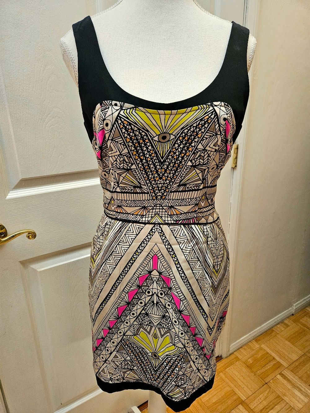 NEW MARA HOFFMAN Evil Eye Boho 100% Silk Sheath Summer White Black Print Dress 4